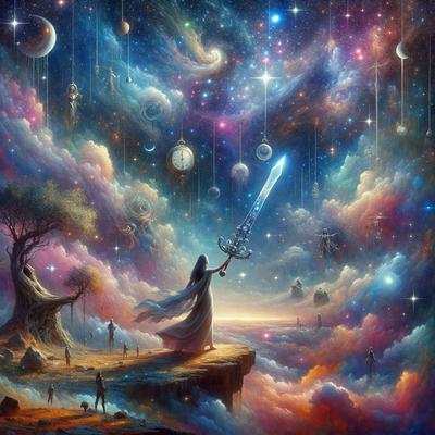 The primary subject of the image is a woman holding a sword, standing on a cliff overlooking a beautiful, colorful landscape. The setting includes a sky filled with stars, planets, and other celestial objects. The visual style is a digital art or illustration, creating a vibrant and imaginative scene. The colors and mood of the image are predominantly warm and inviting, with the woman's white dress and the vivid colors of the sky and landscape creating a sense of wonder and adventure